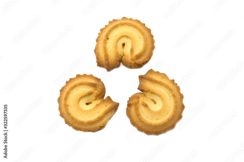 Christmas Danish style butter cookies biscuit isolated on white background . Snack for Season's greetings. Top view.