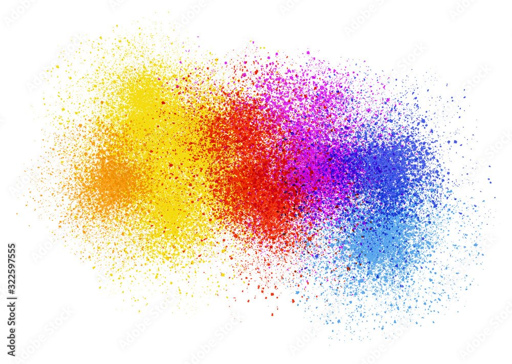 Colorful explosion from small stains of yellow, red, pink and blue on white background. Digital abstract illustration artwork with copy space.