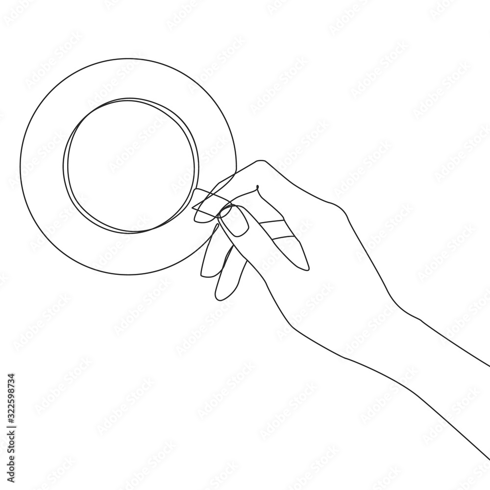 Hand holds a cup of coffee one line drawing on white isolated background. Vector illustration  - obrazy, fototapety, plakaty 