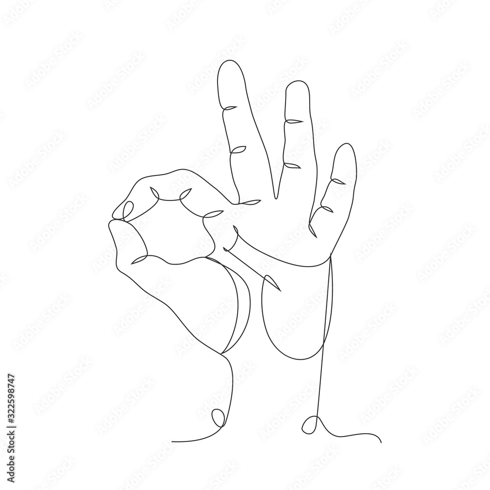 Okay sign one line drawing on white isolated background. Vector illustration 