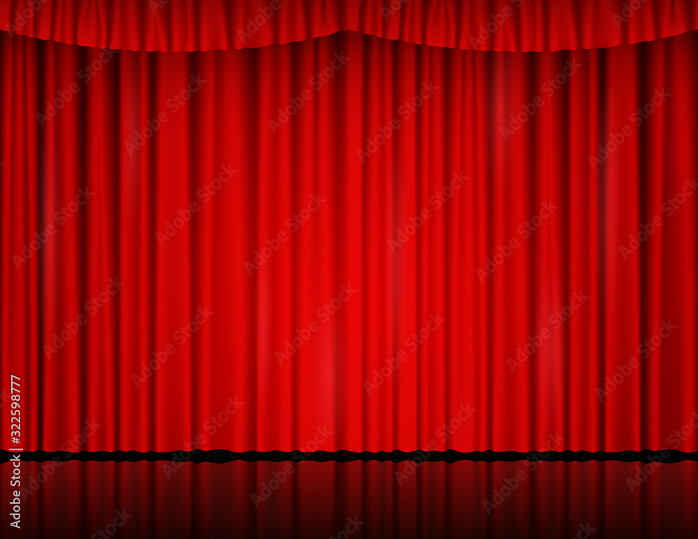 Red velvet curtain in theater or cinema. Vector background with closed stage  curtains with drapery and reflection on glossy floor. Red fabric drapes lit  by searchlight Stock Vector | Adobe Stock