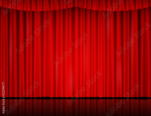 Red velvet curtain in theater or cinema. Vector background with closed stage curtains with drapery and reflection on glossy floor. Red fabric drapes lit by searchlight