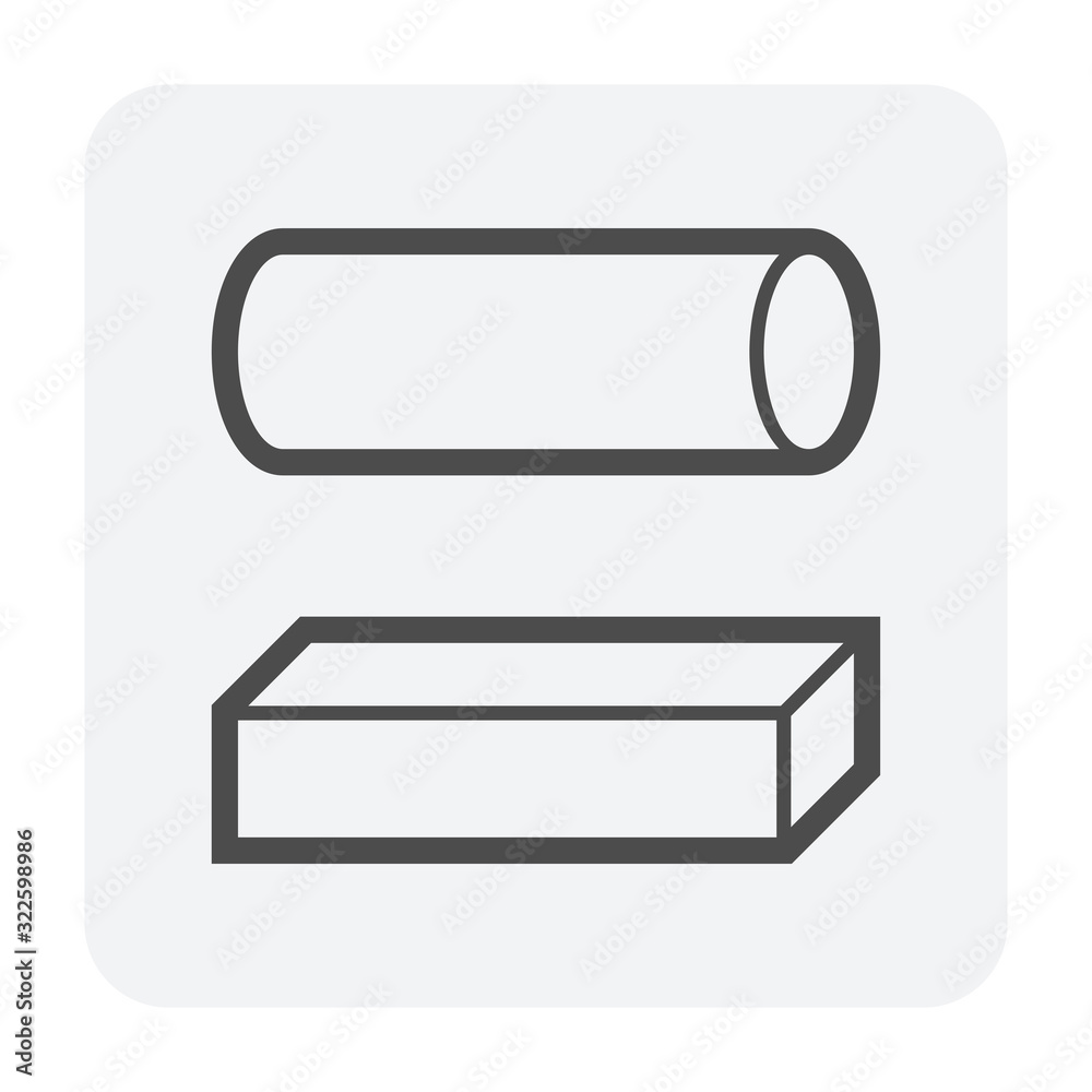 Metal or steel rod bar vector icon. Round and square section shape. That alloy of iron from steel production industry and metallurgy. For sawing, turning, milling, drilling and grinding to product. Metal or steel rod bar vector icon. Round and square section shape. That alloy of iron from steel production industry and metallurgy. For sawing, turning, milling, drilling and grinding to product.