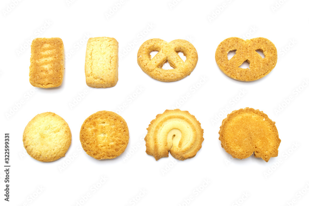 Variety Danish style butter cookies biscuit isolated on white background . Snack for Season's greetings.