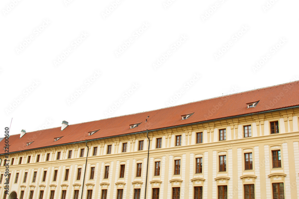 Obraz premium Prague, Czech Republic. 10.05.2019: Close-up view of the facade with windows of old historical buildings in Prague. Photo of abandoned buildings in the city center. Retro, vintage, last century.