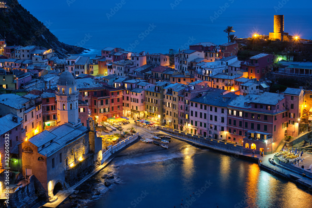Vernazza village illuminated in the night, Cinque Terre, Liguria, Italy