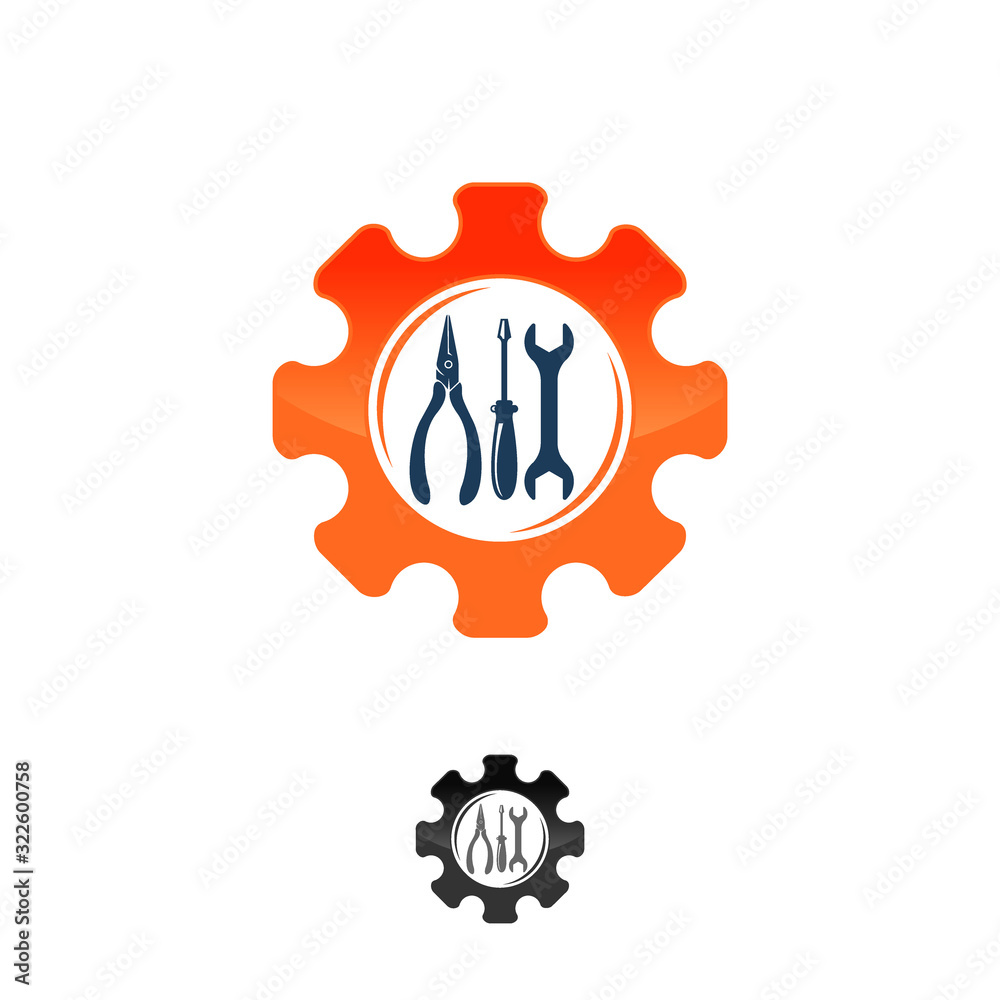Gear and wrench icon. Red spanner and black cog. Creative graphic design logo element. Gear and wrench icon. Red spanner and black cog. Creative graphic design logo element.