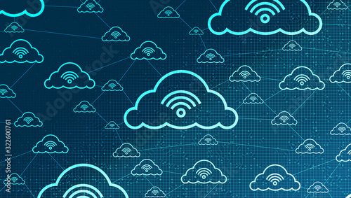 Cloud Network Connecting With Wifi icon on Global Technology background,Clouds Computing concept.