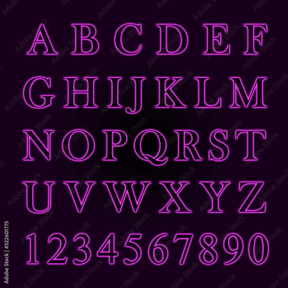 Glowing neon pink alphabet with letters from A to Z and numbers from 1 to 0.