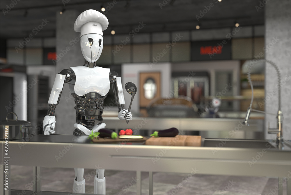 A humanoid robot chef cooks dishes in a restaurant kitchen. Replacing human  labor with robotics. Future concept with smart robotics and artificial  intelligence. 3D rendering. Illustration Stock | Adobe Stock