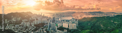 Photography Aerial View Of panorama Hong Kong City at sunset.
