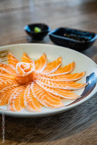 Top view of Rose Salmon Sashimi served