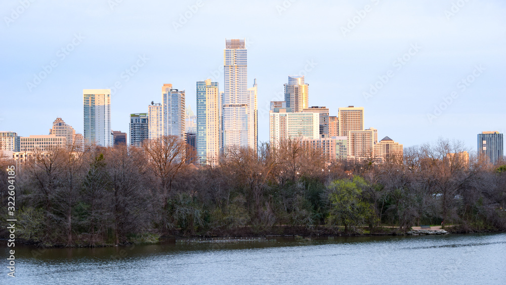 Fototapeta premium Downtown Austin sits on the banks of Lady Bird Lake. 