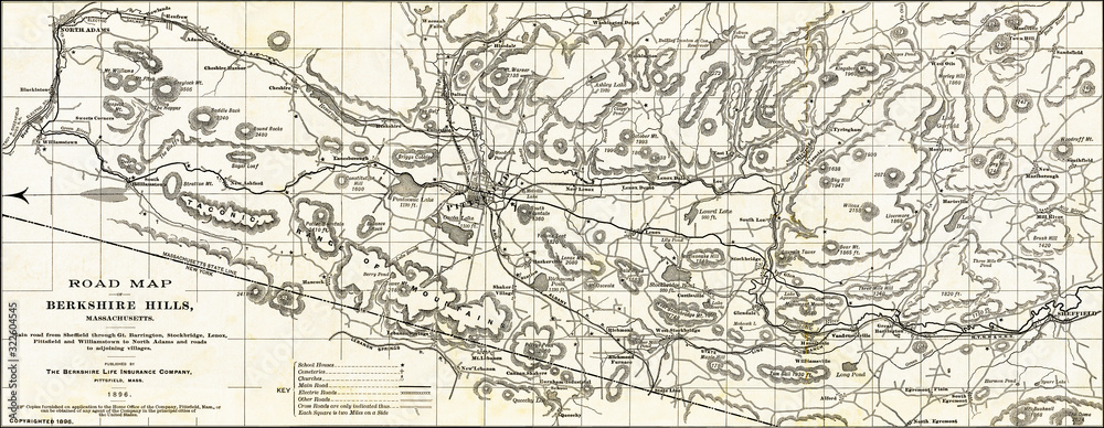 Restored reproduction of a 1896 road map of the Berkshire Hills region of Western Massachusetts. It was a tourist destination in the past as it is now. Restored reproduction of a 1896 road map of the Berkshire Hills region of Western Massachusetts. It was a tourist destination in the past as it is now.
