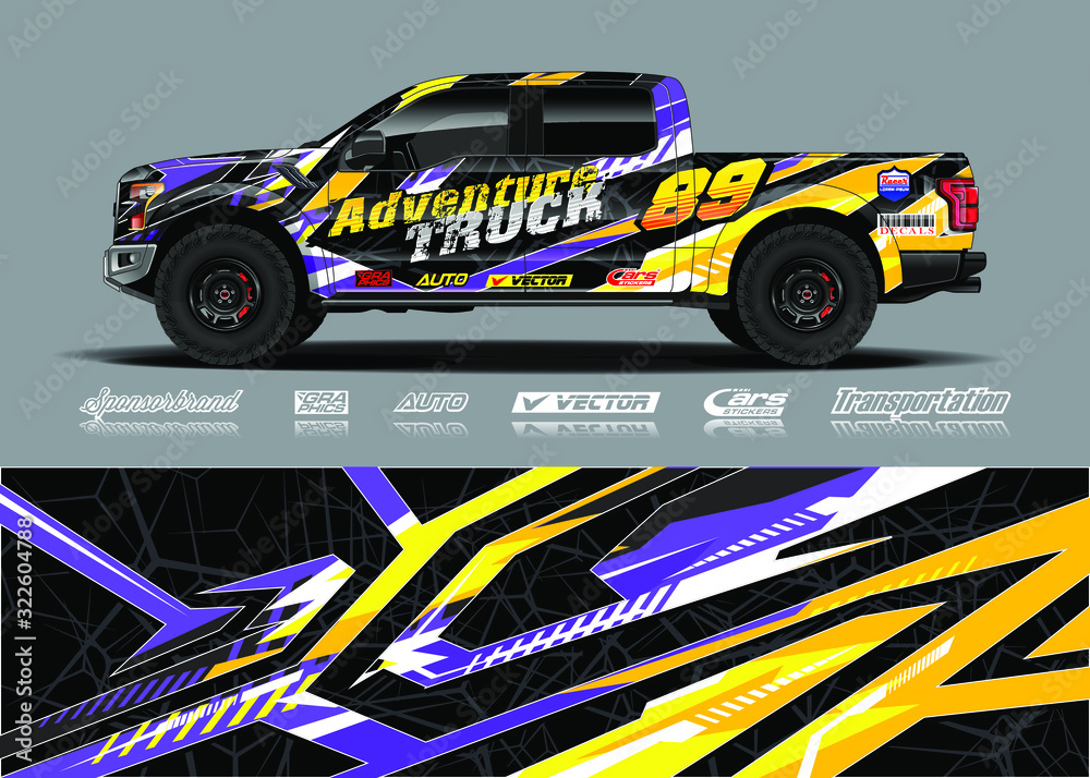 Truck wrap design vector illustration. Modern sport graphics. Abstract stripe racing and grunge background for wrap all vehicle, race car, rally, adventure vehicle and car livery. Truck wrap design vector illustration. Modern sport graphics. Abstract stripe racing and grunge background for wrap all vehicle, race car, rally, adventure vehicle and car livery.