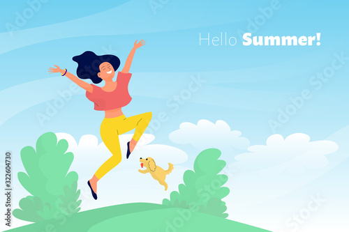 Beautiful girl with a dog is jumping, web banner, hello summer text, stock vector illustration