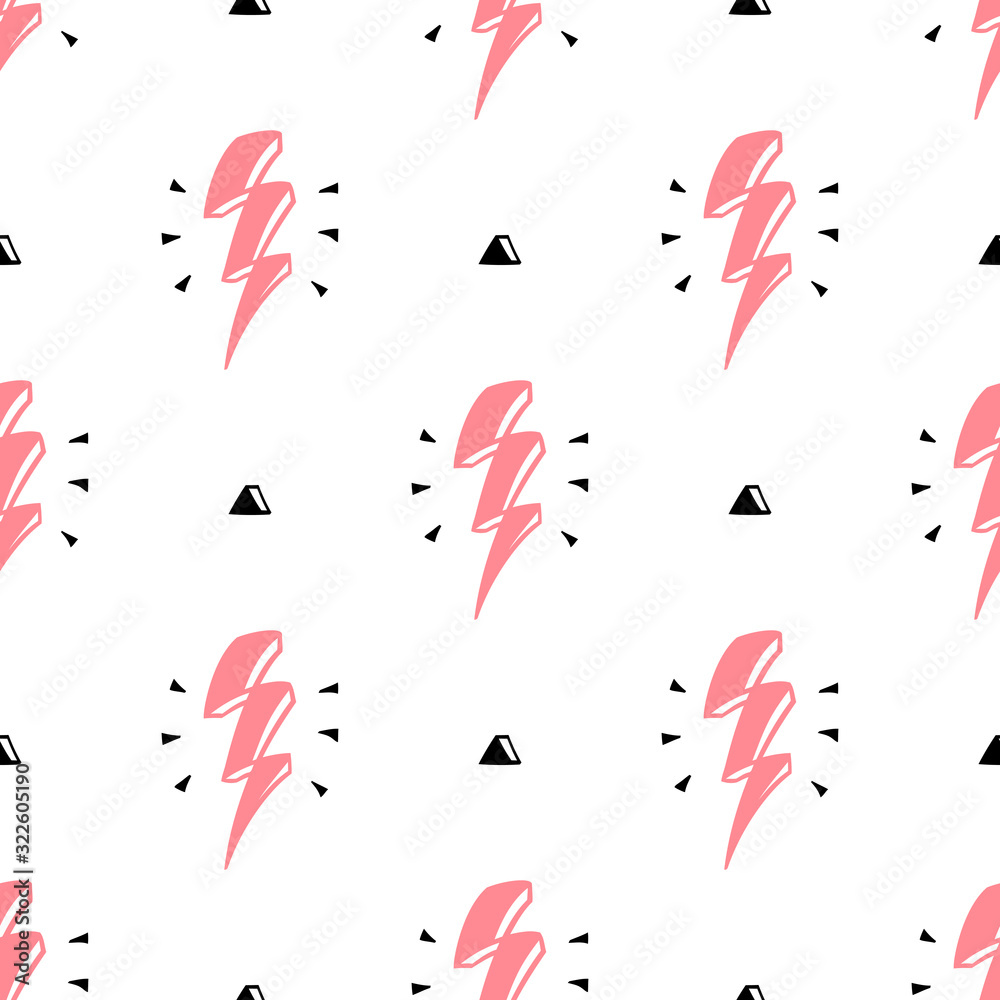 Pink Lightning Bolt Signs with Triangles Vector Seamless Pattern. Background with Doodle Thunderbolts Pink Lightning Bolt Signs with Triangles Vector Seamless Pattern. Background with Doodle Thunderbolts