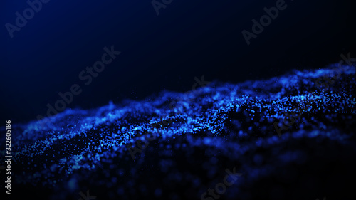 Digital dark blue and glow dust particles abstract background with flare shining floor particle stars dust. Beautiful futuristic glittering in space on black background.