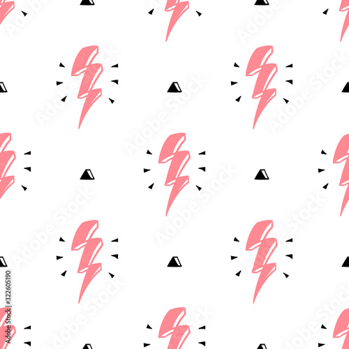 Pink Lightning Bolt Signs with Triangles Vector Seamless Pattern. Background with Doodle Thunderbolts