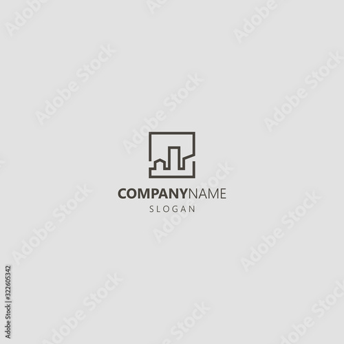 black and white simple vector geometric line art iconic logo of urban skyline in a square frame