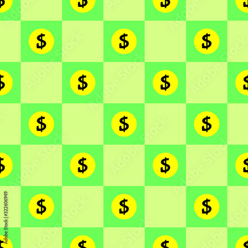 Seamless geometric pattern of staggered green and yellow squares with symbols of dollar coins, vector illustration. The concept of thrift or saving money with strong currencies, investment .