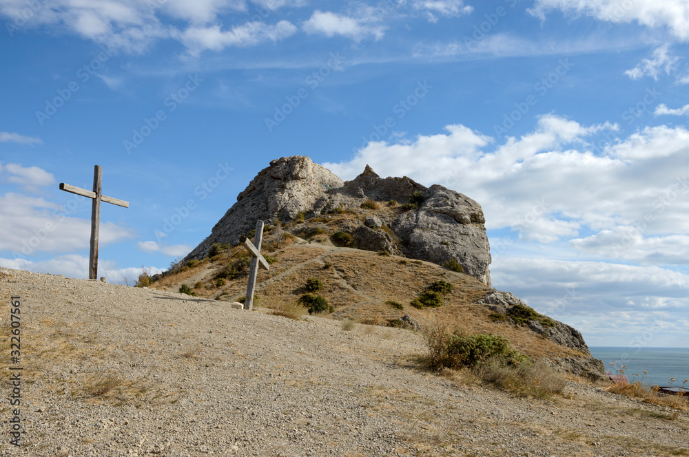 Fototapeta premium Famous Sugar Head rock in Sudak town, Crimea, Russia.