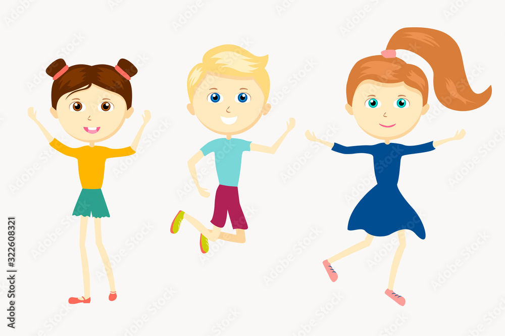 Group of happy cute character jumping kids.