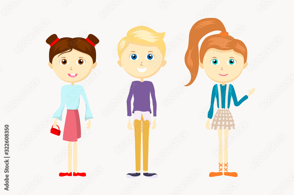 A group of cute cartoon kids girls and a boy. A group of cute cartoon kids girls and a boy.
