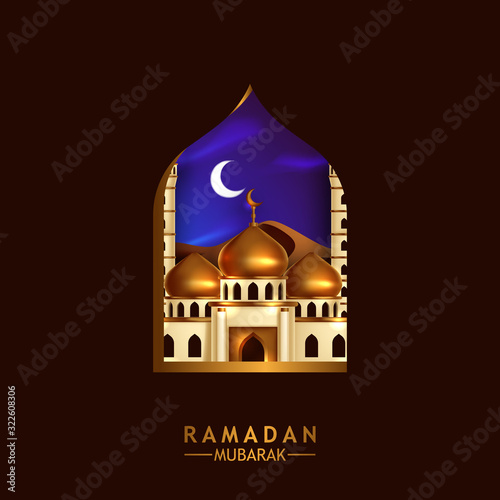 mosque golden dome view at night from window frame. Islamic event holy month ramadan kareem