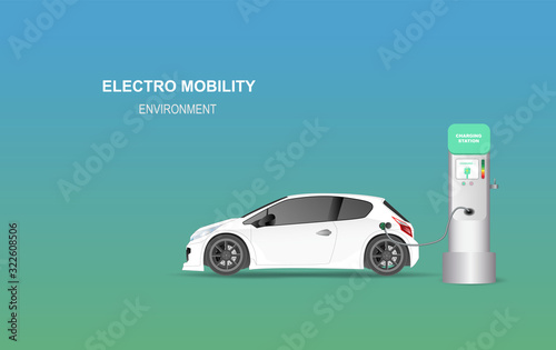 illustration banner with electric car charging station. Electro mobility environment for map location network concept.Green Clean energy transport.Creative paper art and craft style vector EPS10