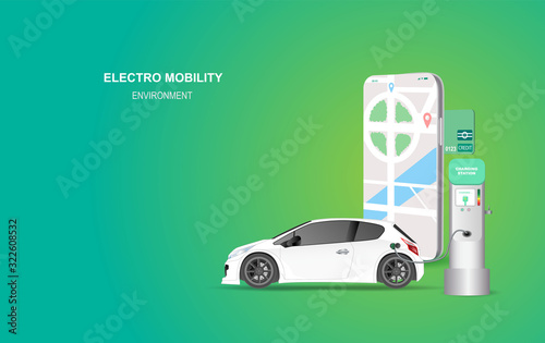 illustration smartphone banner with electric car charging station. Electro mobility environment for map location network concept.Green Clean energy transport.Creative paper art and craft style vector