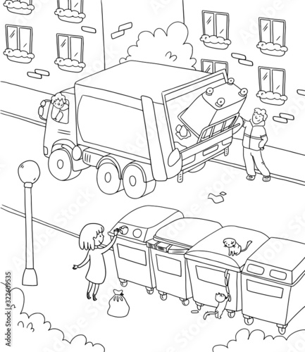 Girl kid taking out litter, garbage sorting to different recycle bins in the city. Garbage truck picks up trash. Coloring book. line simple drawing.