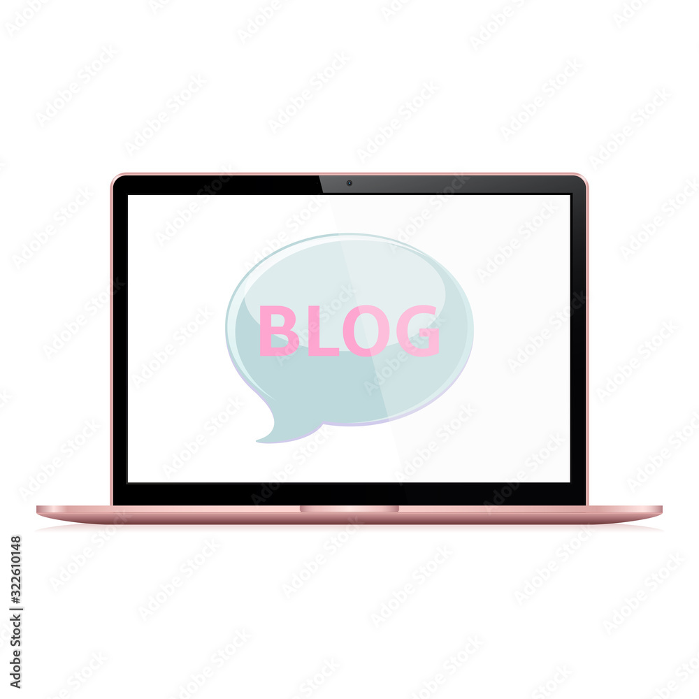 Blog online concept. Modern rosegold color laptop with blog on scren Blog online concept. Modern rosegold color laptop with blog on scren