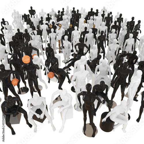 A large group of female and male mannequins in regular and sports poses in a top view. 3D rendering