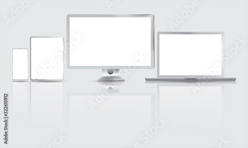 Realistic vector. Device set: monitor laptop, tablet and phone template. mockup gadget and device black color with blank screen isolated on the grey background.