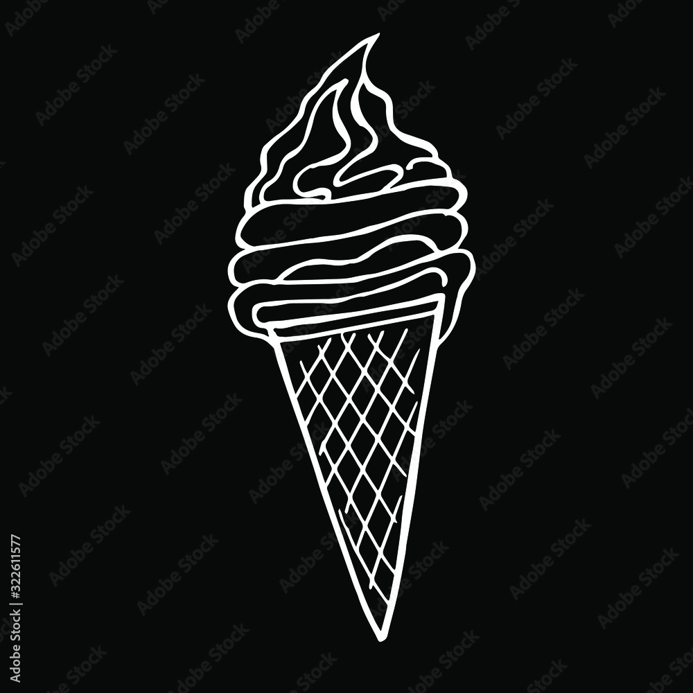 Vector illustration. Close-up of ice cream in a waffle cone on a black isolated background. Cover design, clothing print. Vector illustration. Close-up of ice cream in a waffle cone on a black isolated background. Cover design, clothing print.