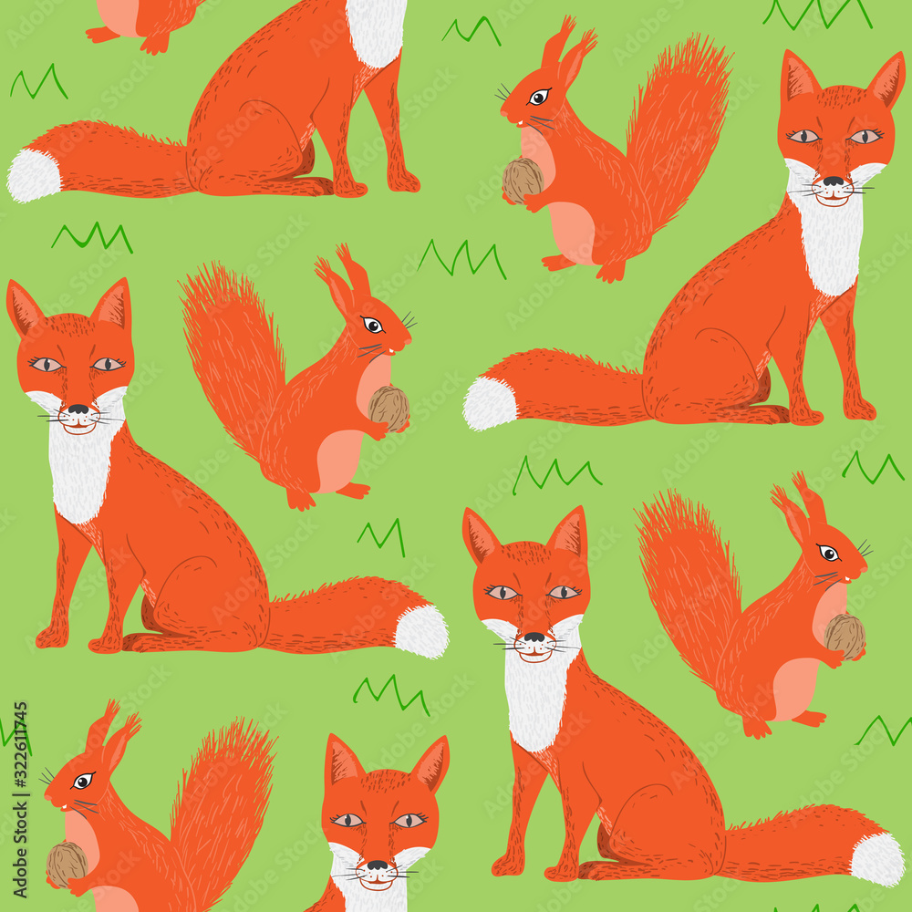 Seamless pattern of cartoon fox and squirrel. Repeatable textile vector print, childish wallpaper design.