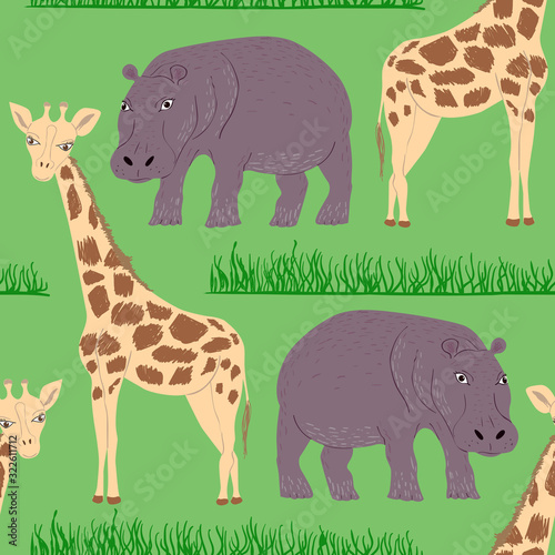 Seamless pattern of cartoon hippopotamus and giraffe. Repeatable textile vector print, childish wallpaper design.