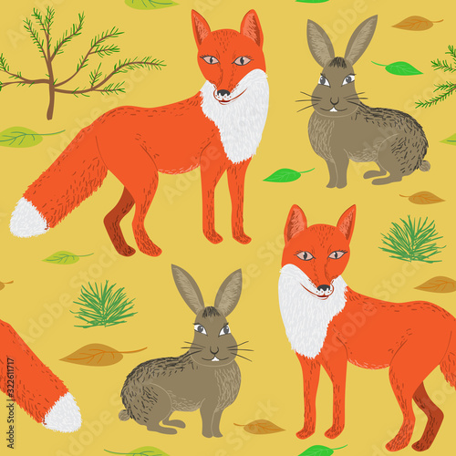 Seamless pattern of cartoon fox and hare. Autumn repeatable textile vector, childish wallpaper design. © ZaBelka