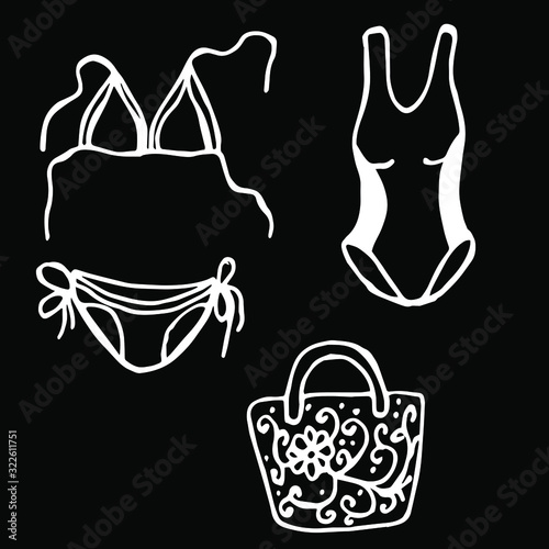 Vector illustration. Close-up of women's swimwear and beach bag on a black isolated background. Cover design, clothing print.