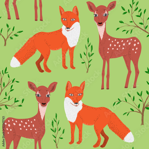 Seamless pattern of cartoon fox and fawn. Repeatable textile vector print, childish wallpaper design. © ZaBelka