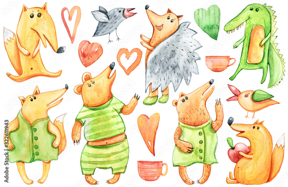 Naklejka premium Watercolor hand painted cartoon animals-fox, bears, hedgehog, bird. Illustration isolated on white background. Can be used for patterns, design greeting cards, birthday invitations, poster, print.