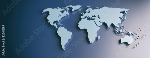 World map flat, blank continents against blue background. 3d illustration