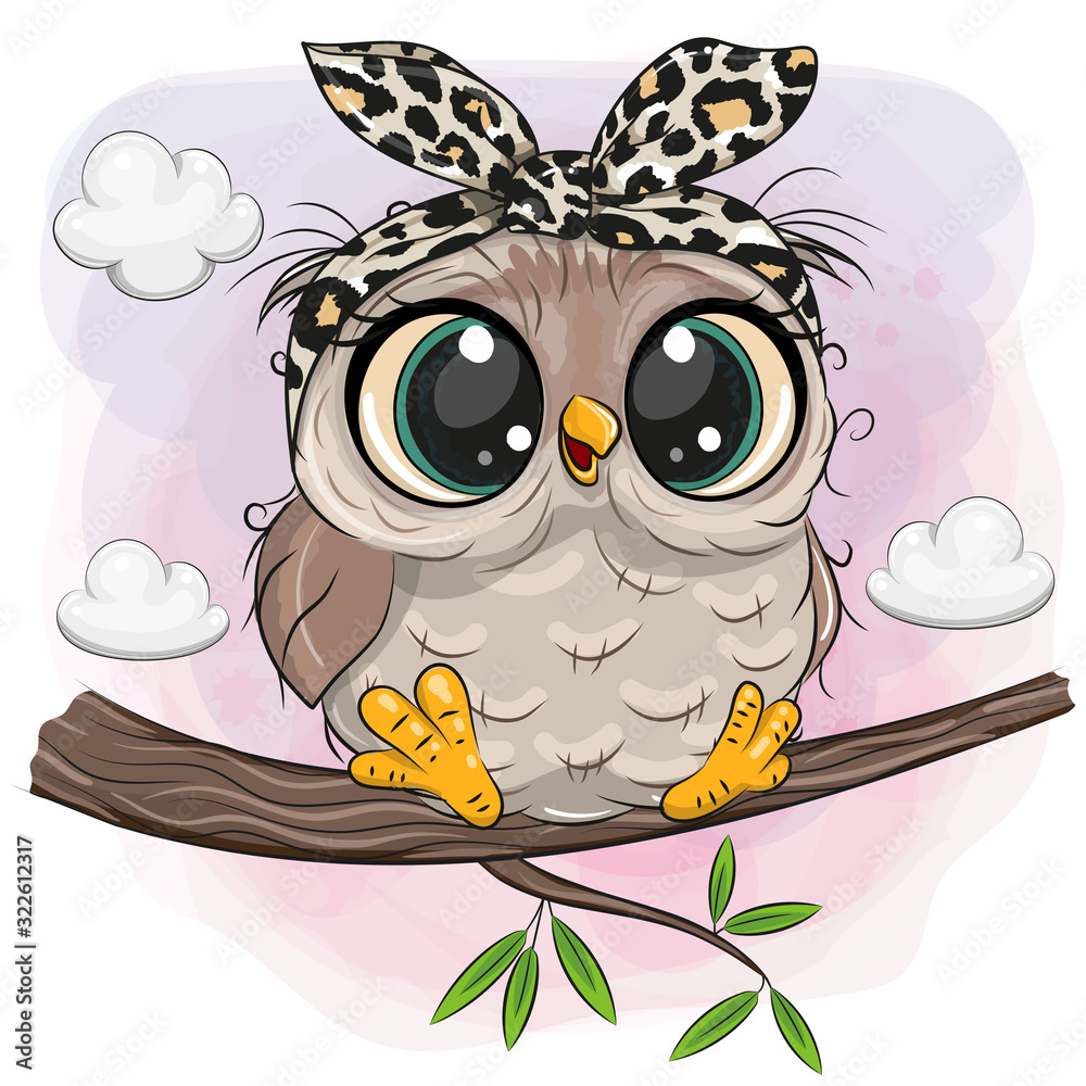 Fototapeta Owl with big eyes is sitting on a branch