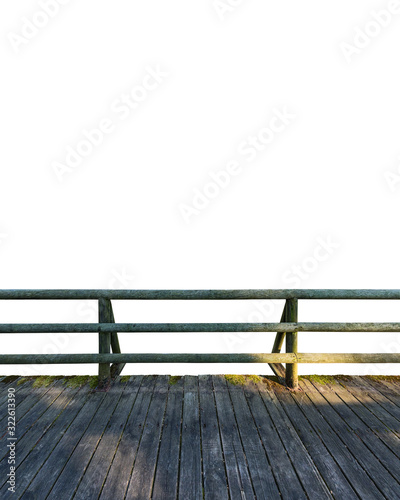 Wooden deck and balcony made of logs isolated on white background