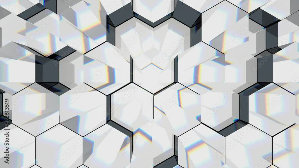 Slow motion of rainbow white hexagons on a dark background. Slow motion of rainbow white hexagons on a dark background.