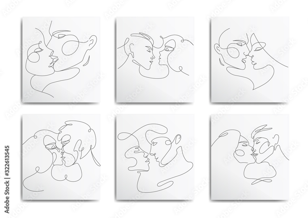 Set of solid line illustrations, lovers kiss