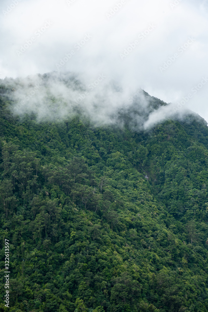 view of mountains in the fog