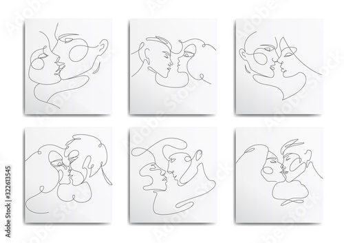 Set of solid line illustrations, lovers kiss