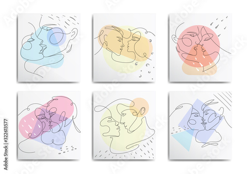 Set of single line illustrations, lovers kiss